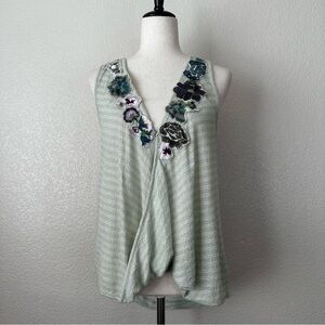 Free People Frida Mint Green Floral Embroidered Gauzy Knit Tank Top, Sz Medium